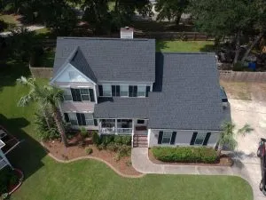 Aerial view of the roof of a two-story home